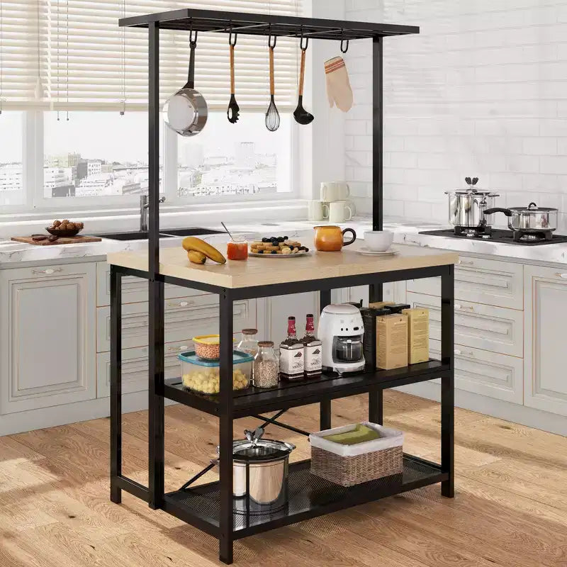 Grande île de cuisine Table de boulanger et étagère de rangement à 3 niveaux-Support de micro-ondes Étagère de four