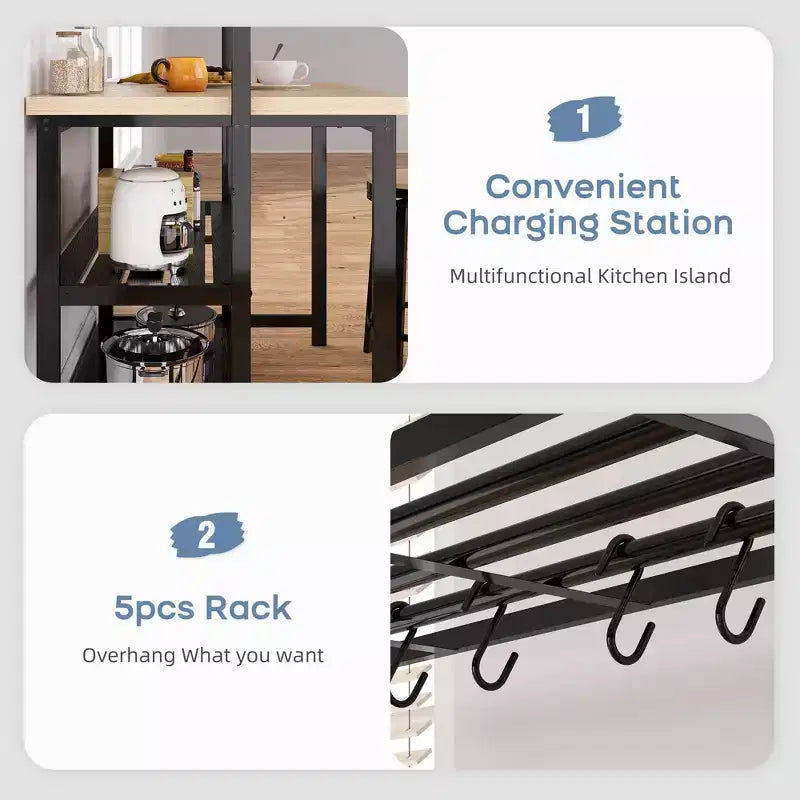 Grande île de cuisine Table de boulanger et étagère de rangement à 3 niveaux-Support de micro-ondes Étagère de four