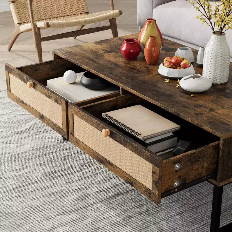 Table basse en rotin avec 2 tiroirs, table basse en bois de 115,8 cm avec rangement, style bohème