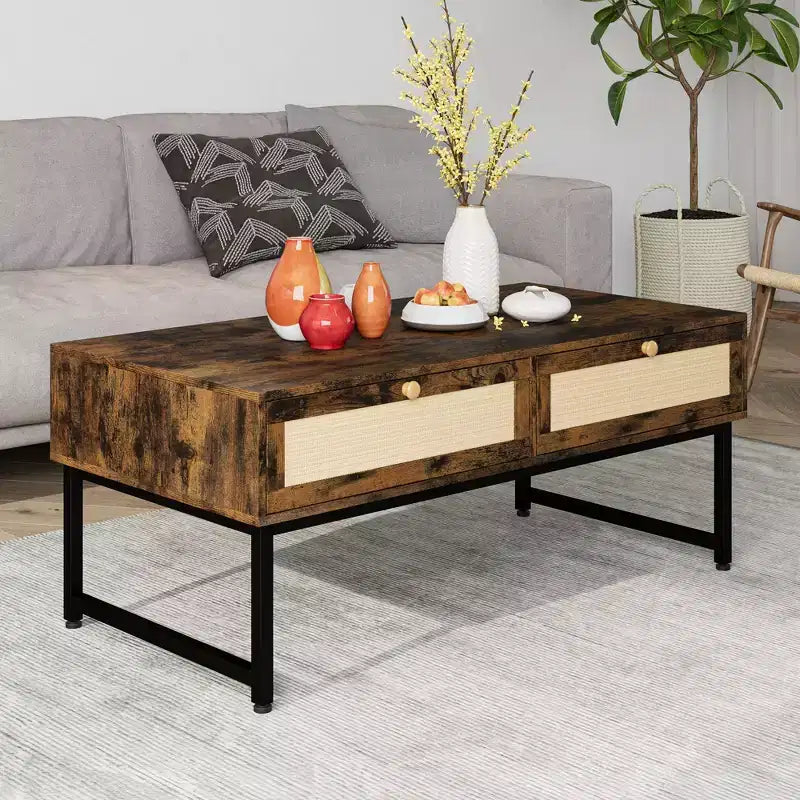 Table basse en rotin avec 2 tiroirs, table basse en bois de 115,8 cm avec rangement, style bohème