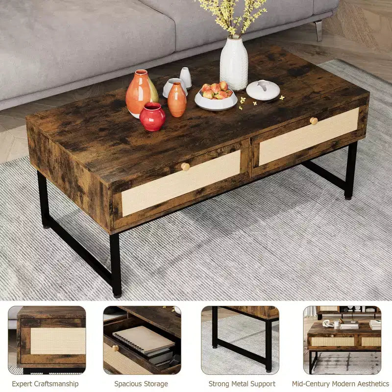 Table basse en rotin avec 2 tiroirs, table basse en bois de 115,8 cm avec rangement, style bohème