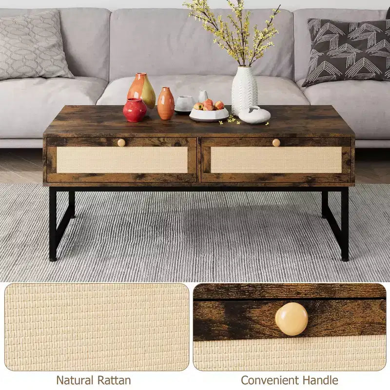Table basse en rotin avec 2 tiroirs, table basse en bois de 115,8 cm avec rangement, style bohème