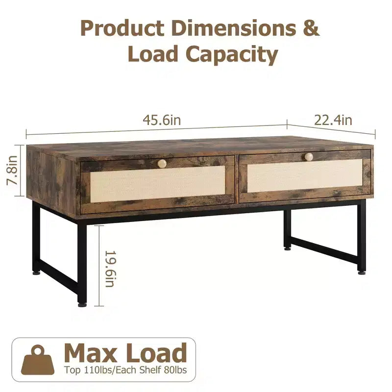Table basse en rotin avec 2 tiroirs, table basse en bois de 115,8 cm avec rangement, style bohème