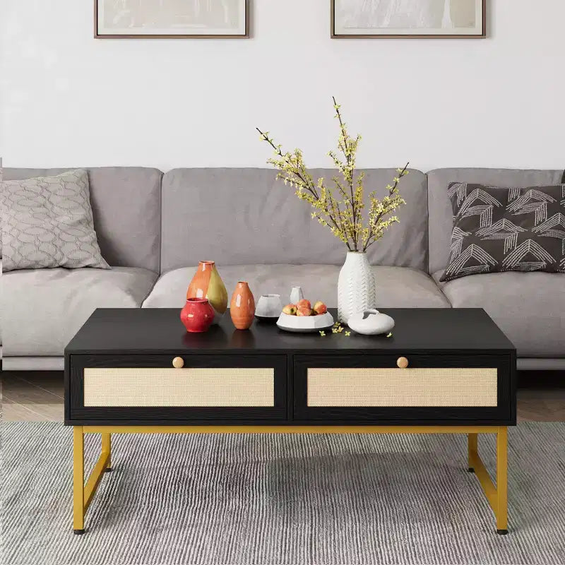 Table basse en rotin avec 2 tiroirs, table basse en bois de 115,8 cm avec rangement, style bohème