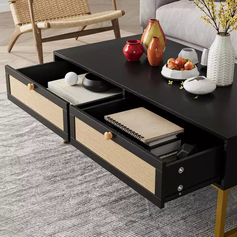 Table basse en rotin avec 2 tiroirs, table basse en bois de 115,8 cm avec rangement, style bohème