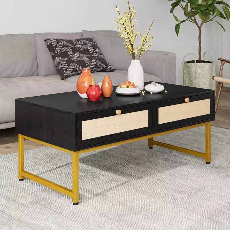 Table basse en rotin avec 2 tiroirs, table basse en bois de 115,8 cm avec rangement, style bohème