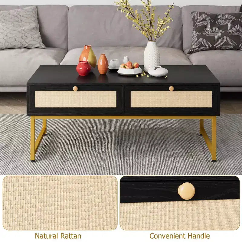 Table basse en rotin avec 2 tiroirs, table basse en bois de 115,8 cm avec rangement, style bohème