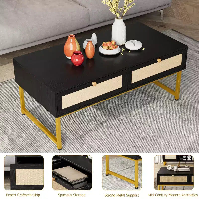Table basse en rotin avec 2 tiroirs, table basse en bois de 115,8 cm avec rangement, style bohème