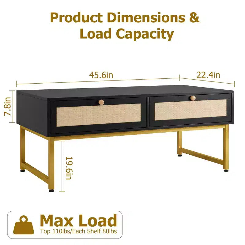 Table basse en rotin avec 2 tiroirs, table basse en bois de 115,8 cm avec rangement, style bohème