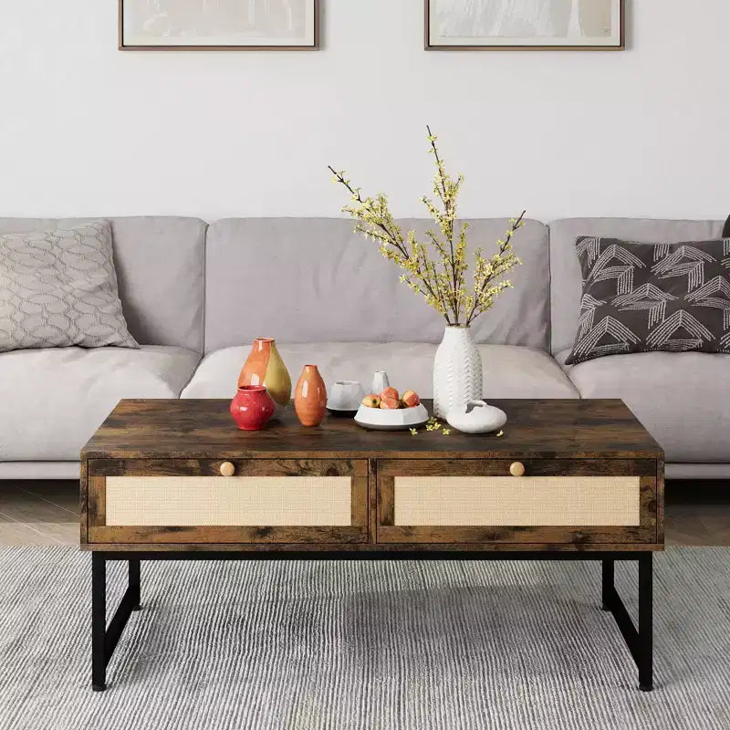 Table basse en rotin avec 2 tiroirs, table basse en bois de 115,8 cm avec rangement, style bohème