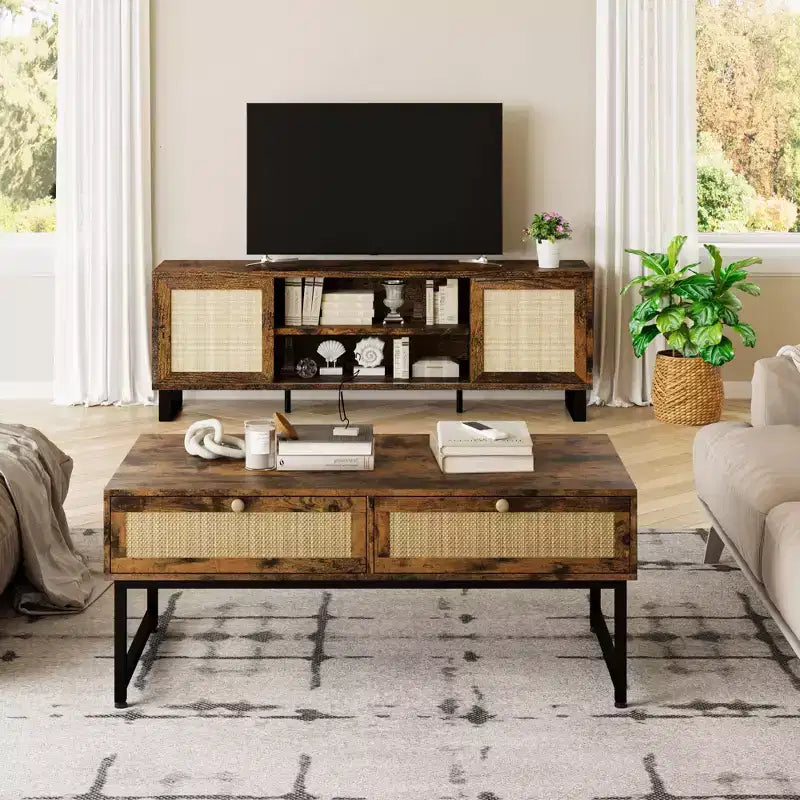 Table basse en rotin avec 2 tiroirs, table basse en bois de 115,8 cm avec rangement, style bohème