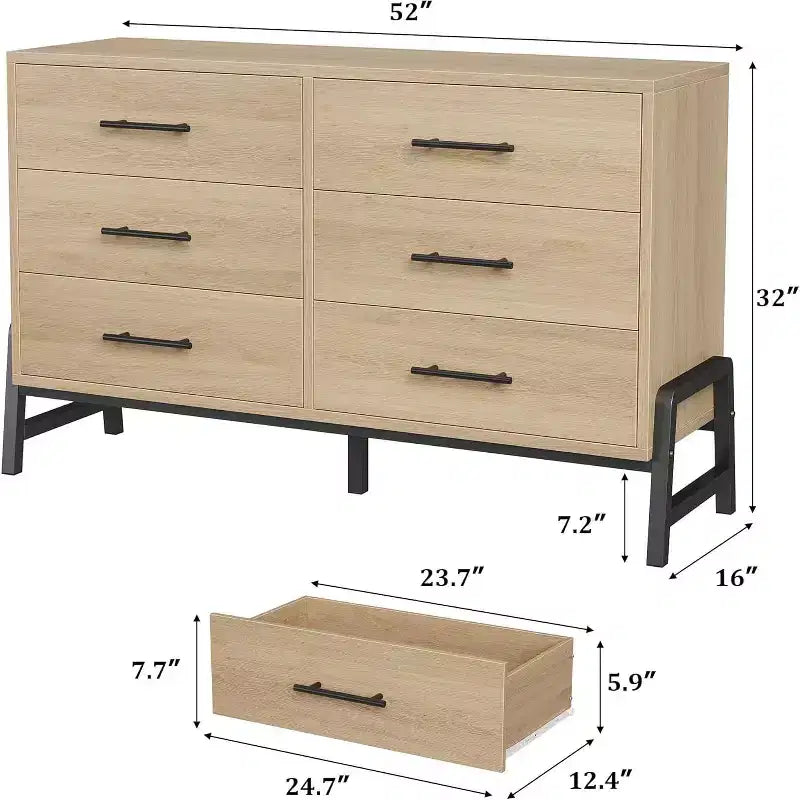 Commode 6 tiroirs en rotin avec station de charge, meuble de rangement pour chambre à coucher