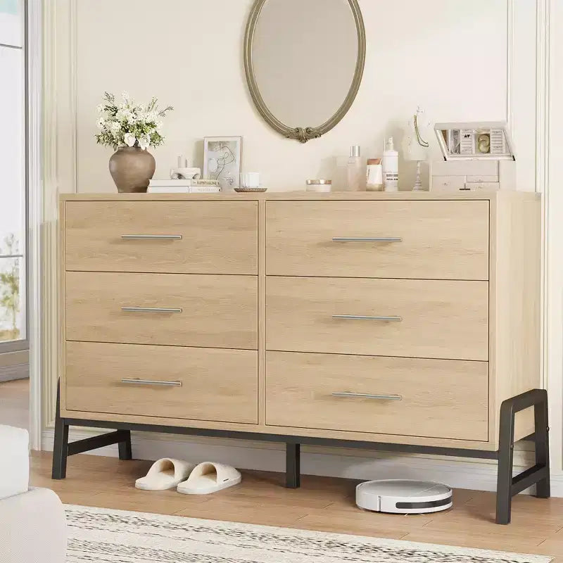 Commode 6 tiroirs en rotin avec station de charge, meuble de rangement pour chambre à coucher