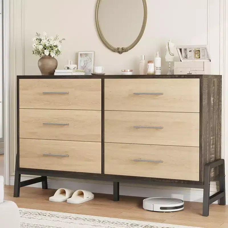 Commode 6 tiroirs en rotin avec station de charge, meuble de rangement pour chambre à coucher