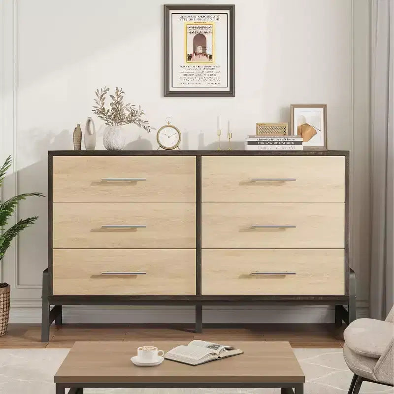 Commode 6 tiroirs en rotin avec station de charge, meuble de rangement pour chambre à coucher
