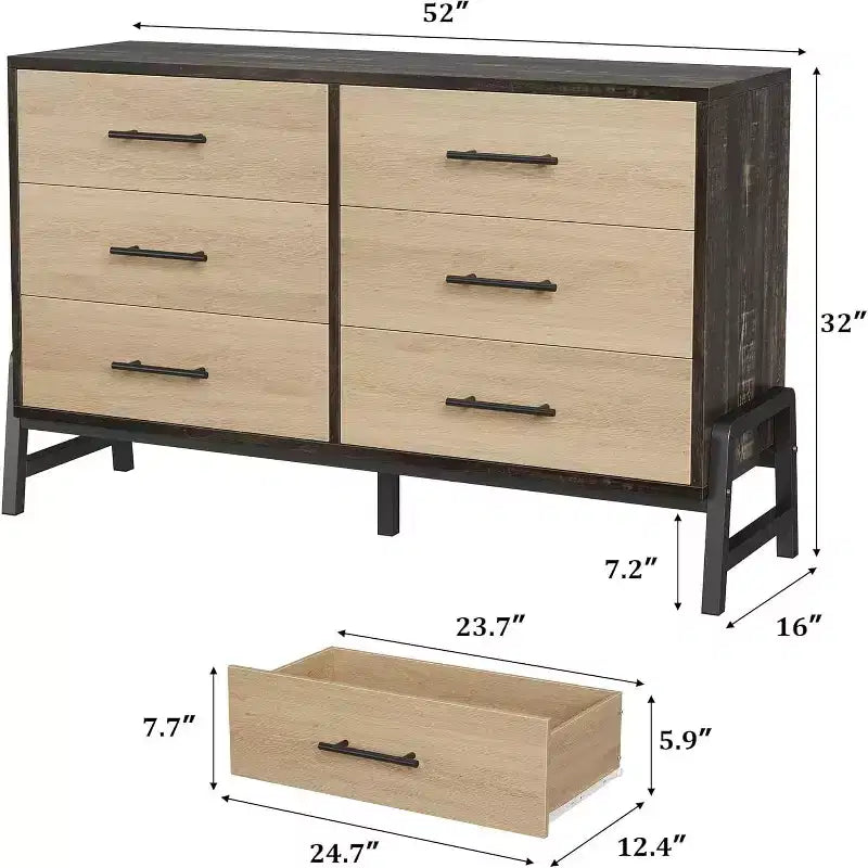 Commode 6 tiroirs en rotin avec station de charge, meuble de rangement pour chambre à coucher