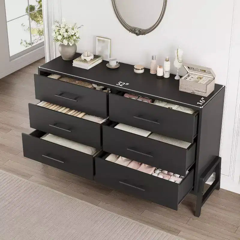 Commode 6 tiroirs en rotin avec station de charge, meuble de rangement pour chambre à coucher