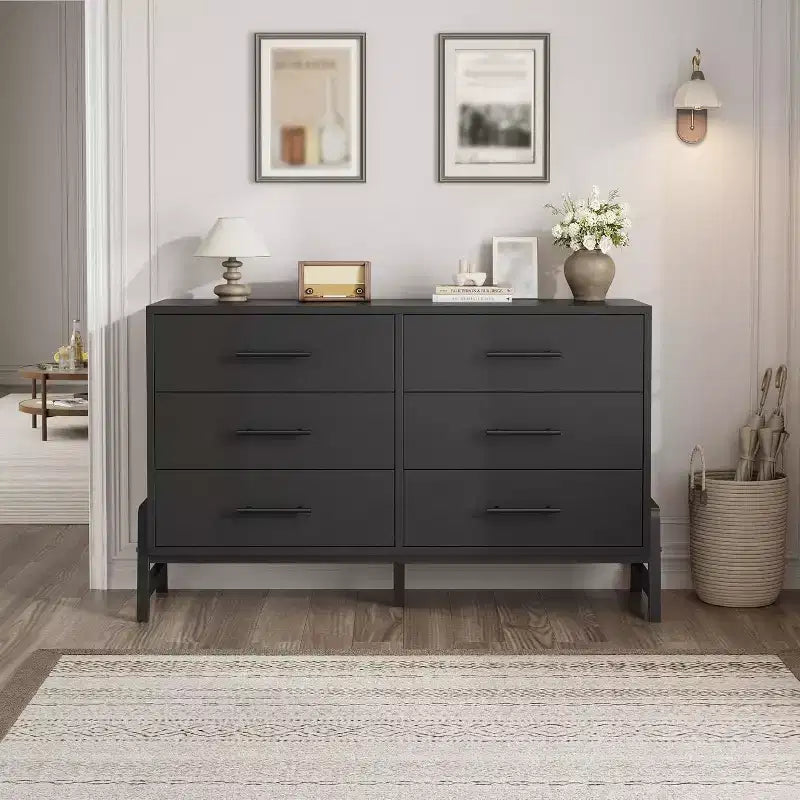 Commode 6 tiroirs en rotin avec station de charge, meuble de rangement pour chambre à coucher