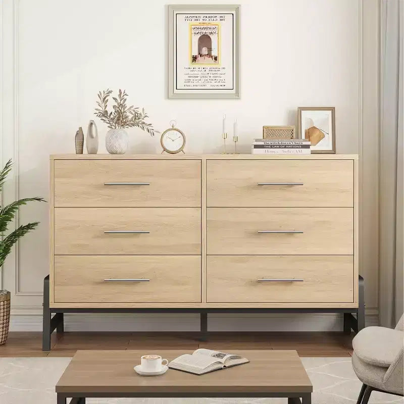Commode 6 tiroirs en rotin avec station de charge, meuble de rangement pour chambre à coucher