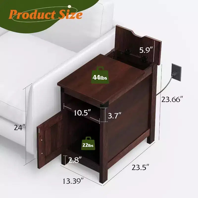 Table d'appoint de ferme avec station de recharge, tables d'appoint étroites, USB et prises