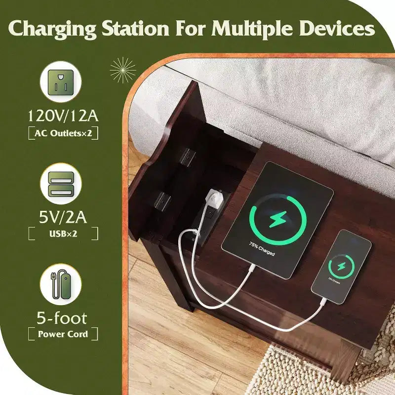 Table d'appoint de ferme avec station de recharge, tables d'appoint étroites, USB et prises