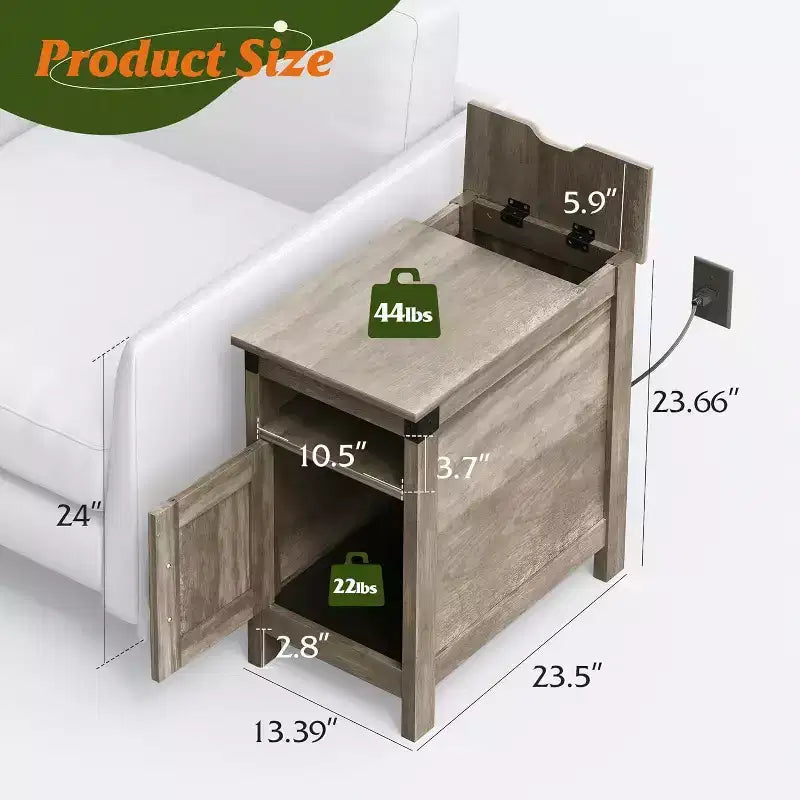 Table d'appoint de ferme avec station de recharge, tables d'appoint étroites, USB et prises