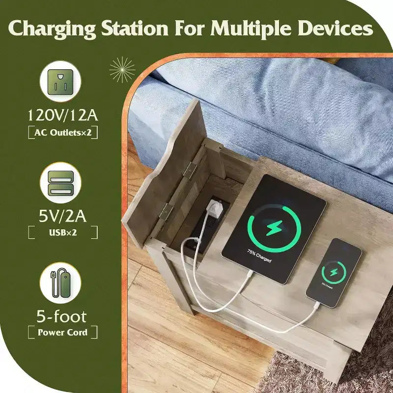 Table d'appoint de ferme avec station de recharge, tables d'appoint étroites, USB et prises