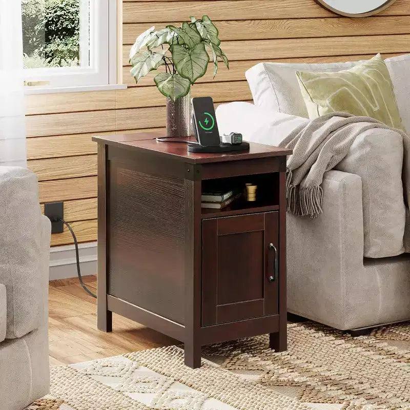 DEXYLLO Farmhouse End Table Set of 2 with Charging Station, Narrow Side Tables, USB & Outlets, Wood Nightstands with Storage