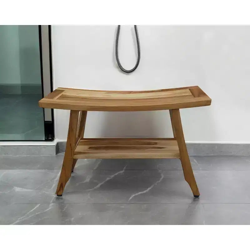 Banc de douche rectangulaire en teck massif naturel avec étagère