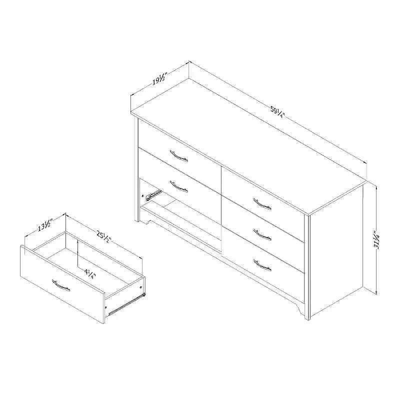 Commode horizontale en aggloméré avec 6 tiroirs, finition blanche