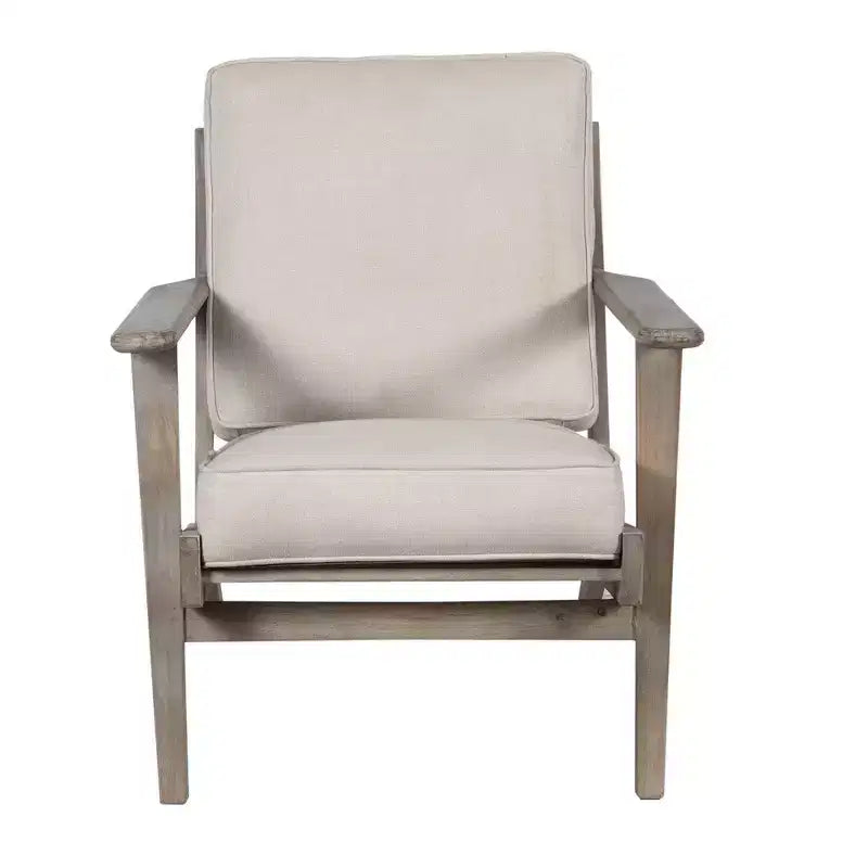 Fauteuil d'appoint artisanal en bois de manguier avec assise coussinée et pieds inclinés