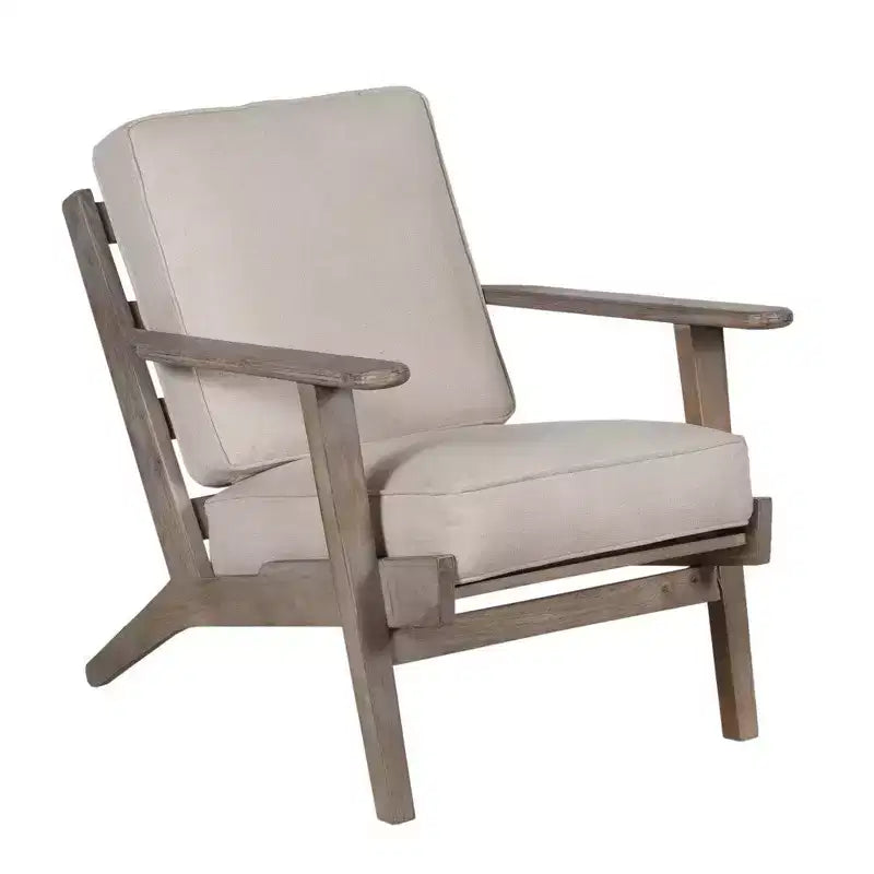 Fauteuil d'appoint artisanal en bois de manguier avec assise coussinée et pieds inclinés