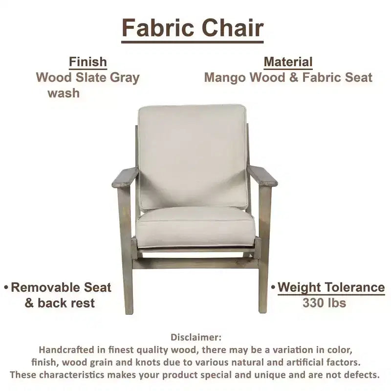 Fauteuil d'appoint artisanal en bois de manguier avec assise coussinée et pieds inclinés