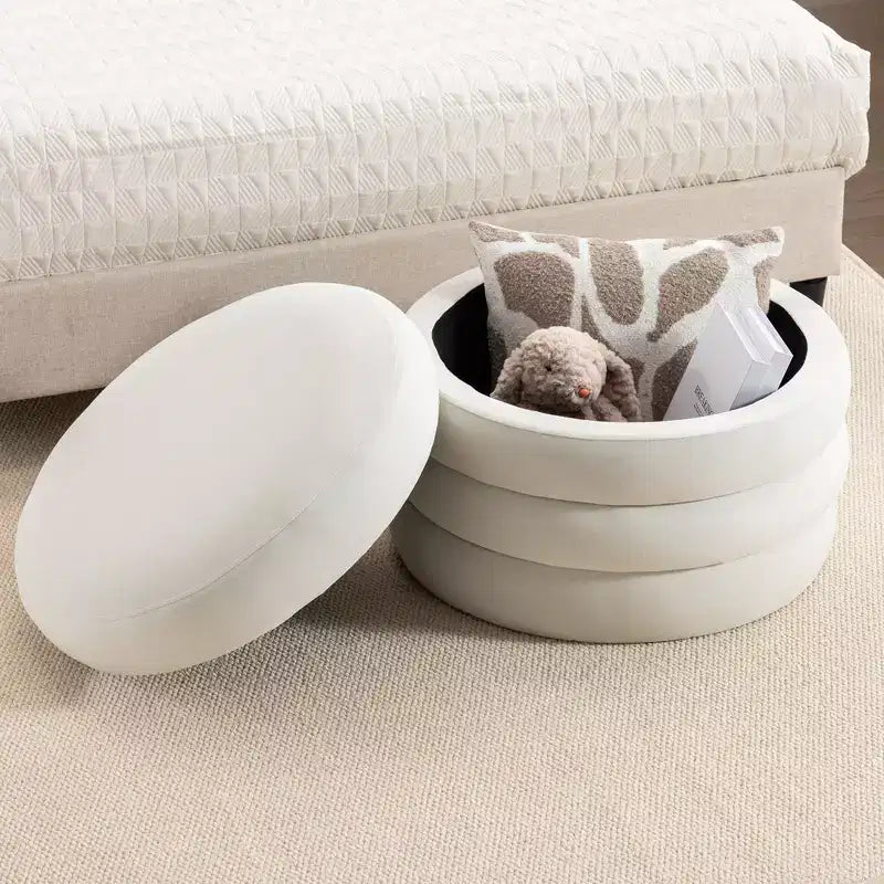 Okak Modern Round Storage Ottoman Bench Vanity Chair Soft Velvet Upholstered Footrest Stool With Wooden Shelving for Couch Bedroom Entrance