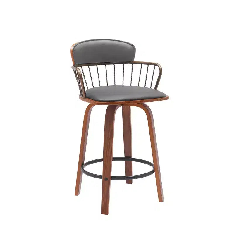 HomeRoots 26 Gray And Wood Brown Faux Leather Swivel Low Back Counter Height Bar Chair