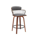 HomeRoots 26 Gray And Wood Brown Faux Leather Swivel Low Back Counter Height Bar Chair