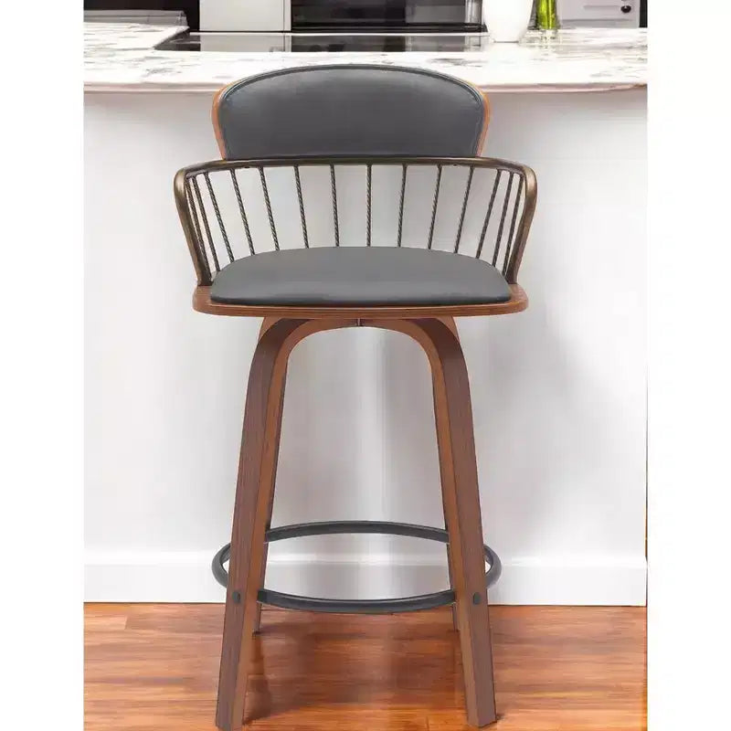 Chaise de bar pivotante à dossier bas en similicuir gris et marron boisé, hauteur comptoir