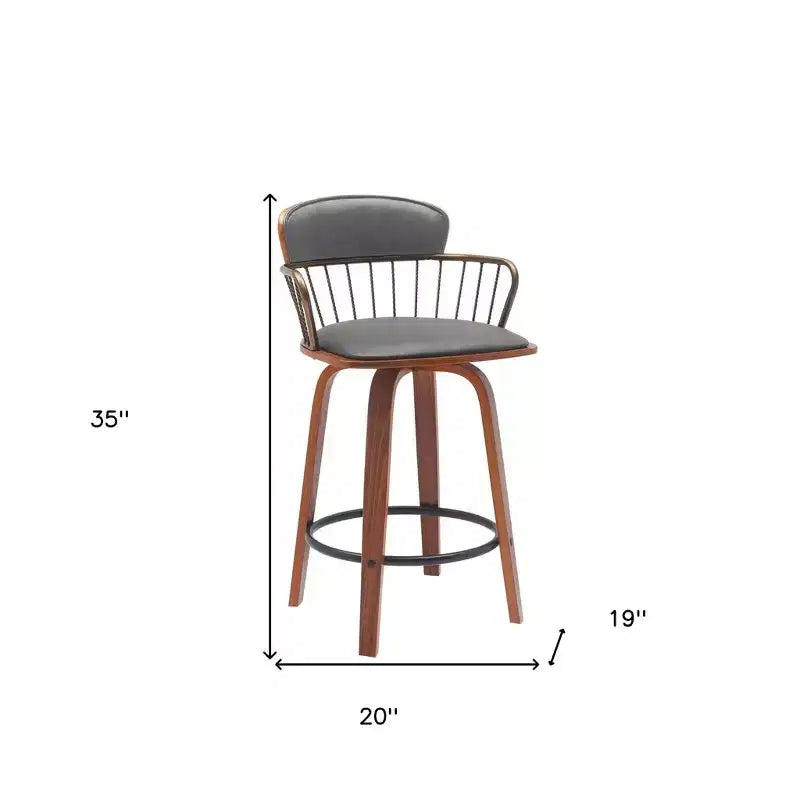 Chaise de bar pivotante à dossier bas en similicuir gris et marron boisé, hauteur comptoir