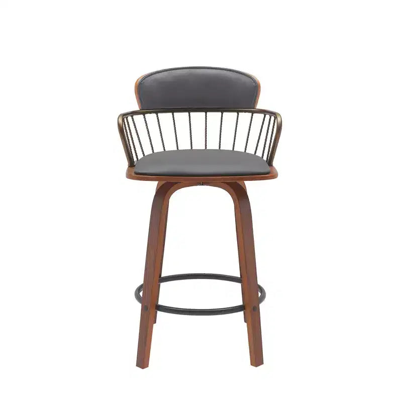 Chaise de bar pivotante à dossier bas en similicuir gris et marron boisé, hauteur comptoir