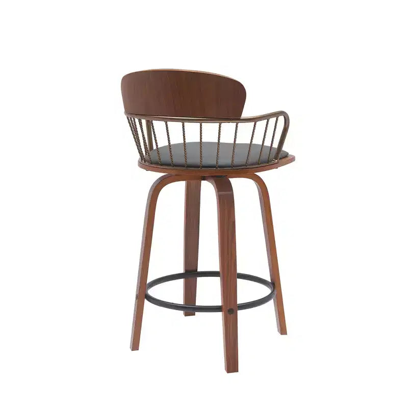 Chaise de bar pivotante à dossier bas en similicuir gris et marron boisé, hauteur comptoir