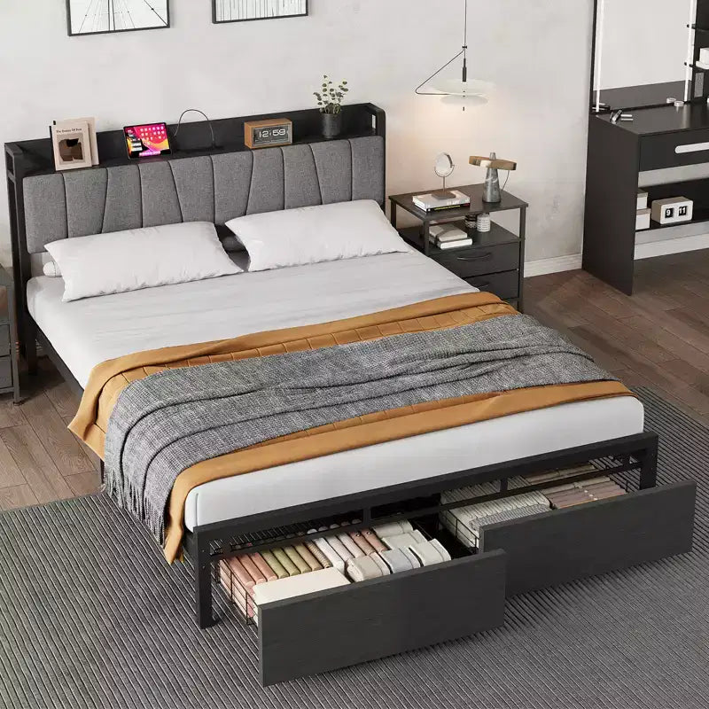 Garvee Queen Size Bed Frame with Storage Headboard, Industrial Queen Platform with 2 Drawers and Charging Station, Black No Box Spring Needed Bedframe
