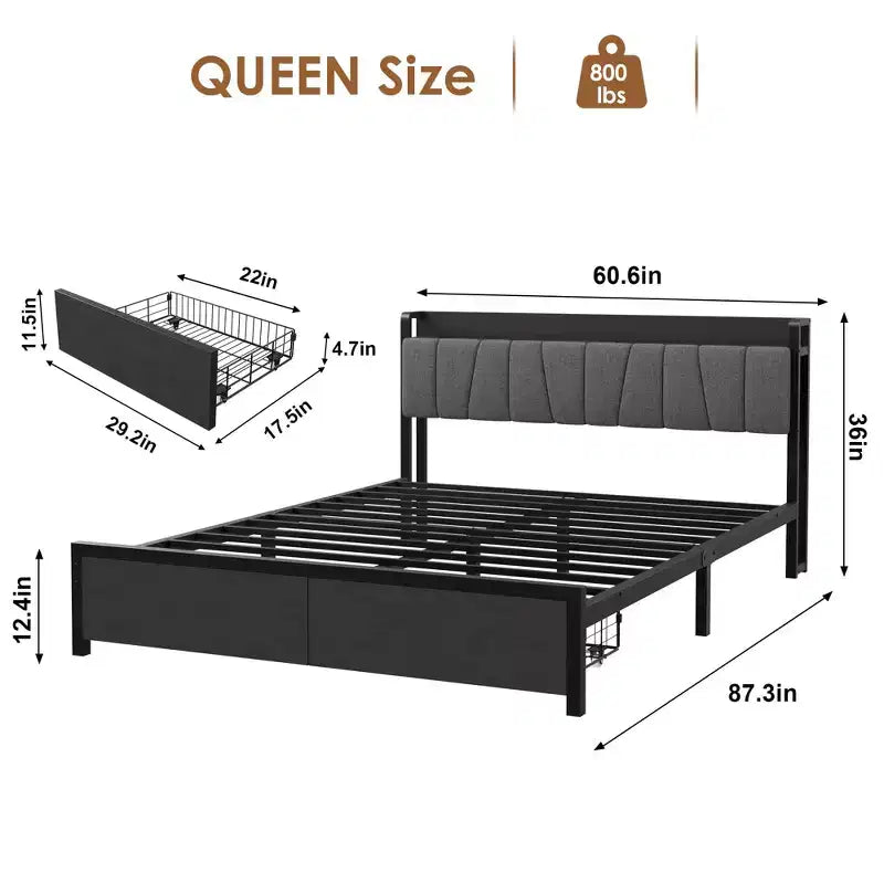 Cadre de lit Queen Size avec tête de lit de rangement, plateforme Queen industrielle