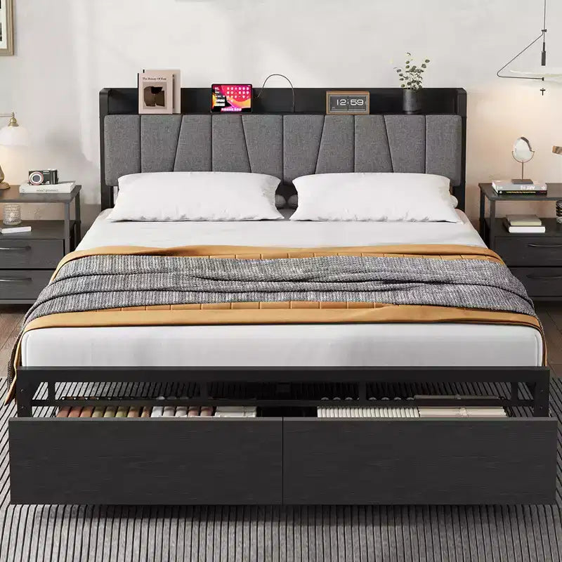 Cadre de lit Queen Size avec tête de lit de rangement, plateforme Queen industrielle