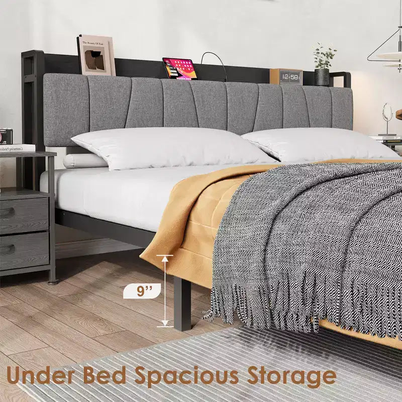 Cadre de lit Queen Size avec tête de lit de rangement, plateforme Queen industrielle