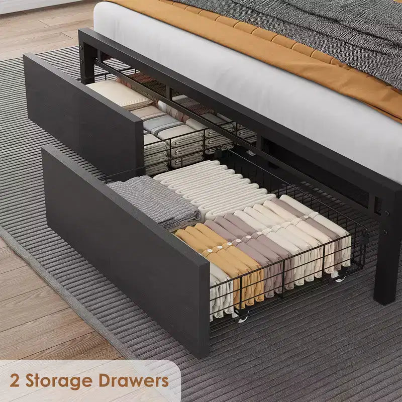 Cadre de lit Queen Size avec tête de lit de rangement, plateforme Queen industrielle