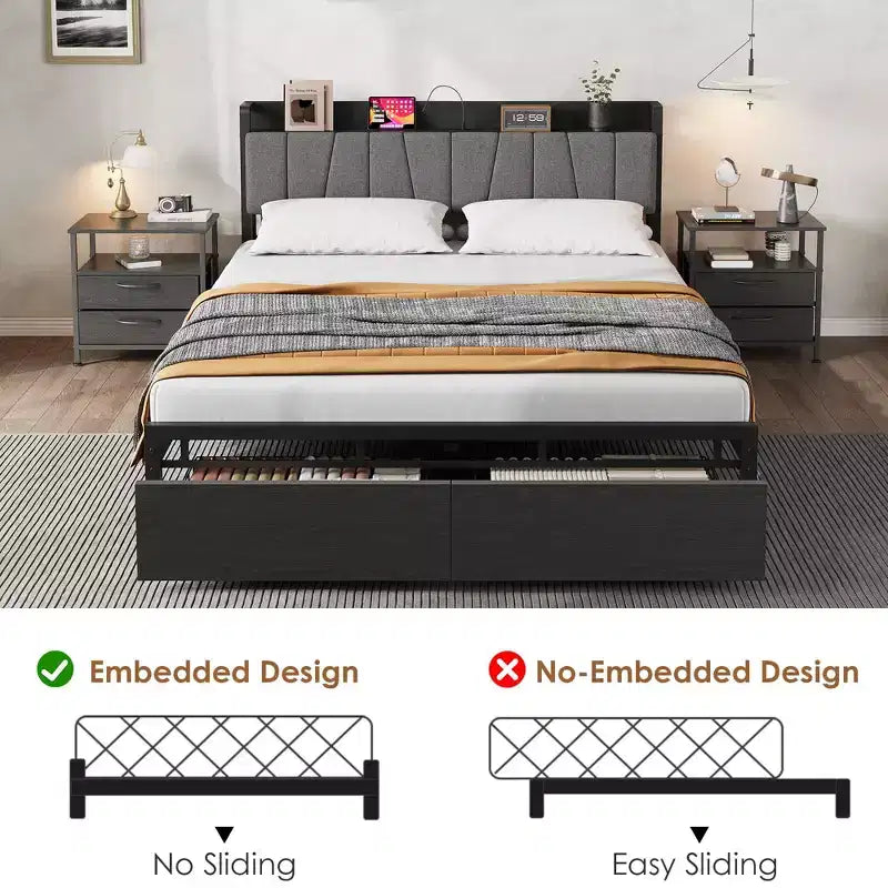 Cadre de lit Queen Size avec tête de lit de rangement, plateforme Queen industrielle
