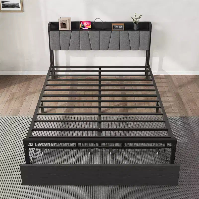 Cadre de lit Queen Size avec tête de lit de rangement, plateforme Queen industrielle