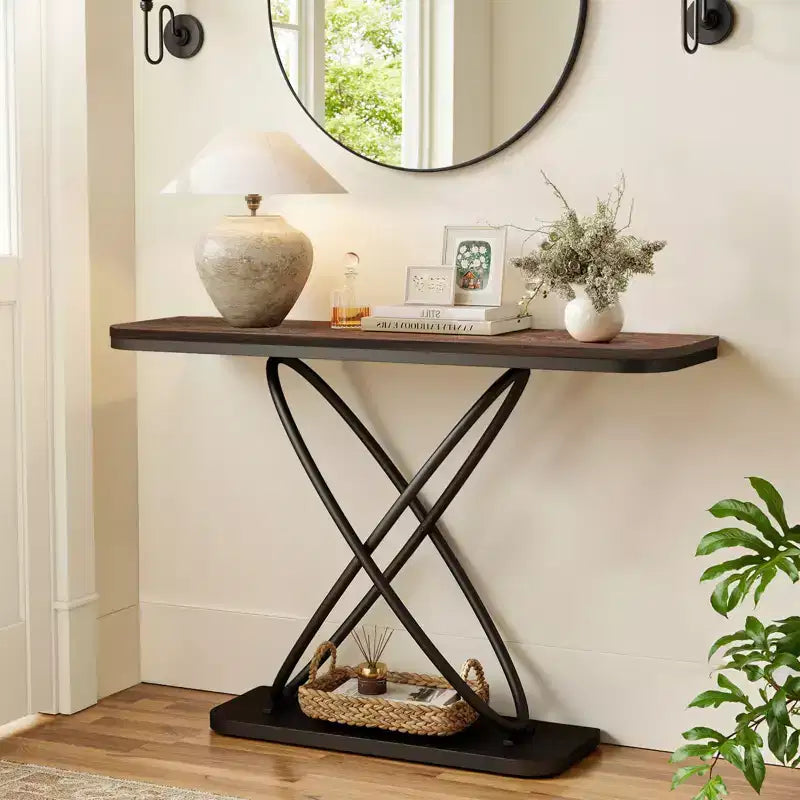 Console de ferme rustique avec cadre en métal noir pour entrée