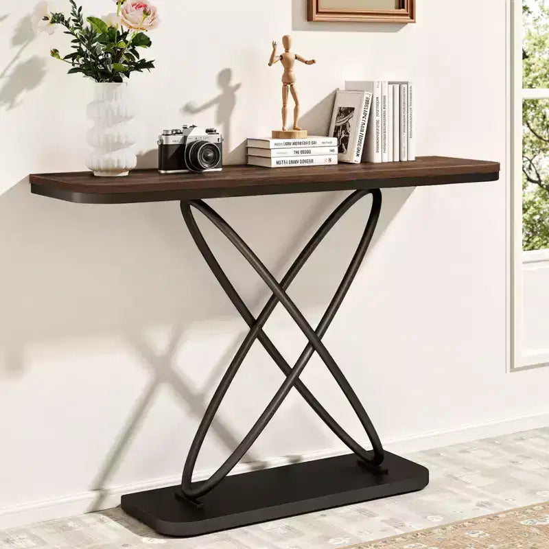 Console de ferme rustique avec cadre en métal noir pour entrée