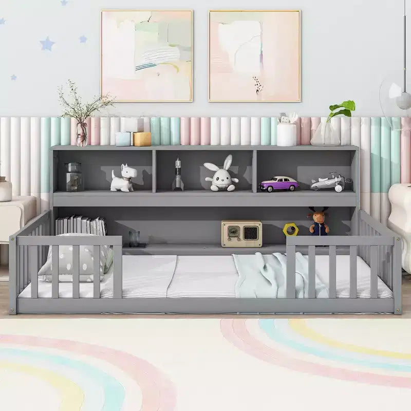 MAYEERTY Twin Floor Bed with Bookcase, Shelves, Guardrails, Gray